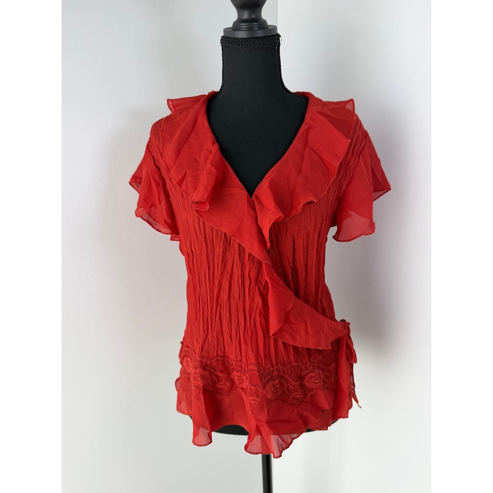 Y2K 90s Style Coquette Downtown Girl Romantic Goth Red Wrap Ruffle Top Blouse 12